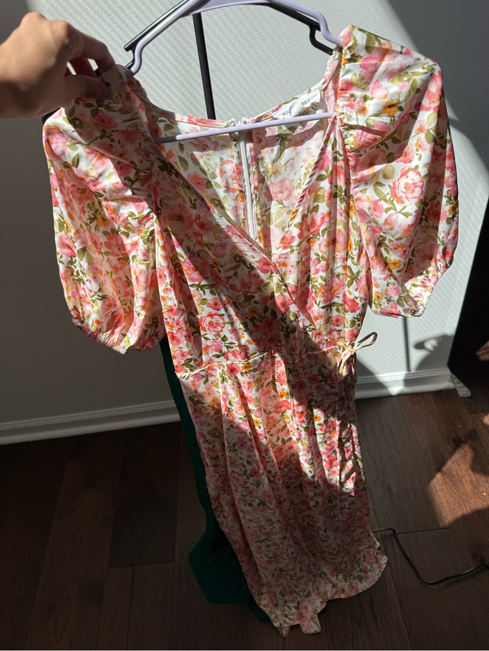 Floral Wrap Midi Dress in Pink and Green